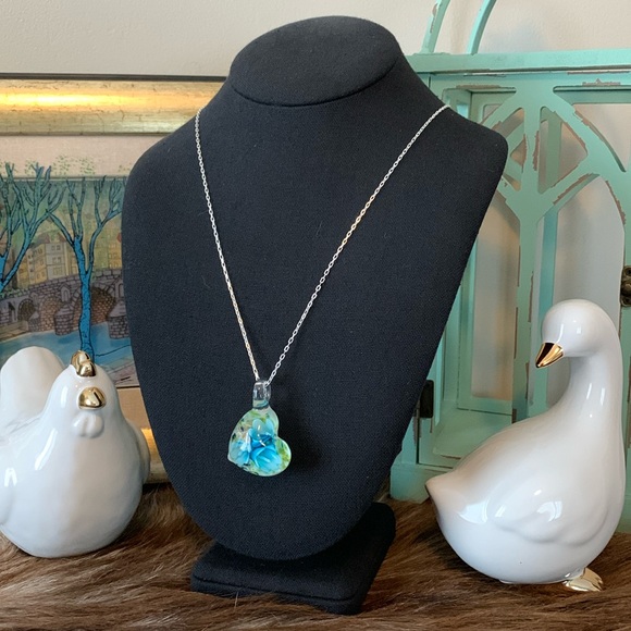 Blue and Green Floral Glass 3 Dimenisional Heart Pendant on a Delicate 925 Chain - Picture 1 of 13